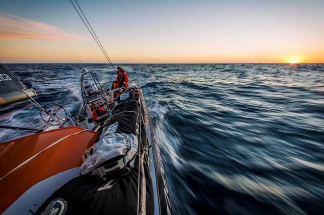 Onboard Team Alvimedica - Stu Bannatyne driving north through the South Atlantic during a calm sunset - Leg five to Itajai -  Volvo Ocean Race 2015 ©  Amory Ross / Team Alvimedica